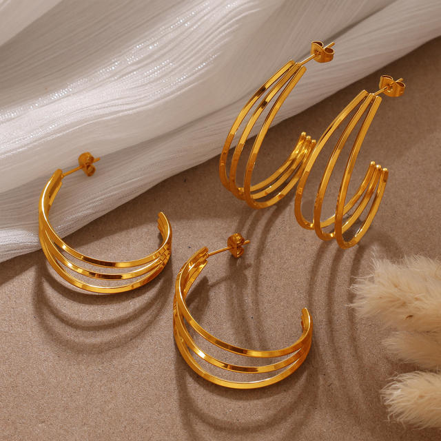 18KG simple three layer line big hoop stainless steel earrings