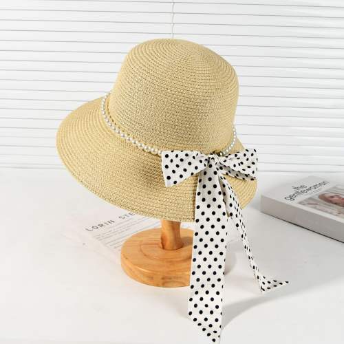 French elegant pearl bead polka dots bow straw hat summer hat