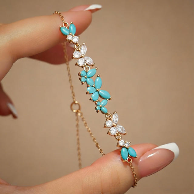 Delicate cubic zircon turquoise stone butterfly copper bracelet for women