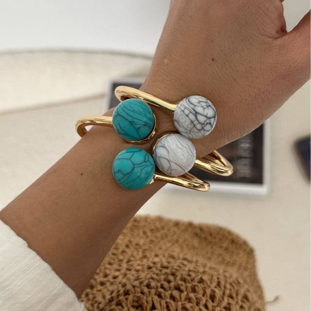 Boho turquoise stone inlaid alloy bangle bracelet