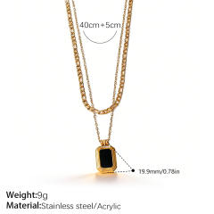 Hiphop Black agate inlaid pendant stainless steel necklace layer necklace