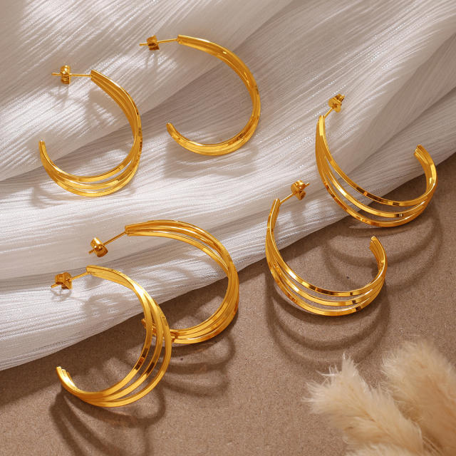18KG simple three layer line big hoop stainless steel earrings