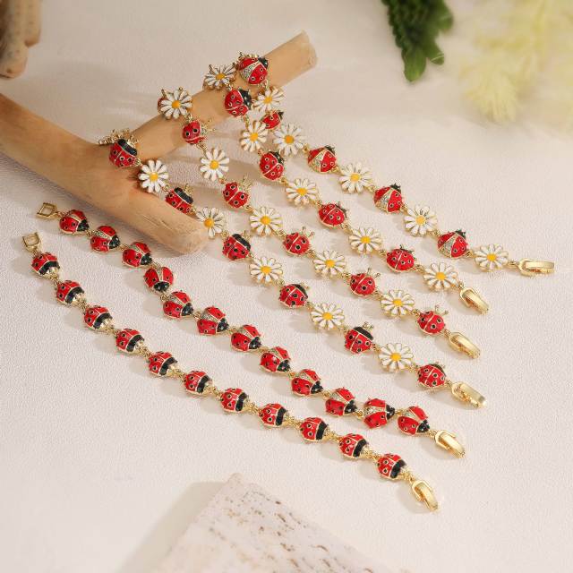Spring summer color enamel ladybug flower copper bracelet