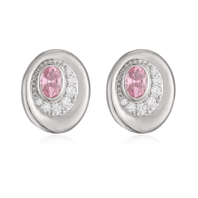 Elegant easy match oval shape gold plated copper diamond ear studs earrings