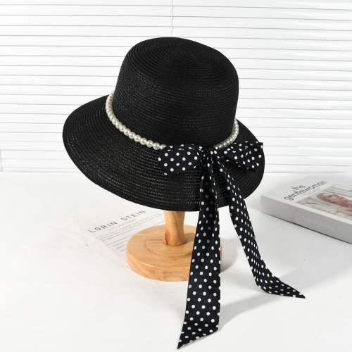 French elegant pearl bead polka dots bow straw hat summer hat