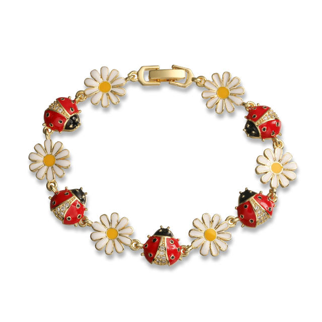 Spring summer color enamel ladybug flower copper bracelet