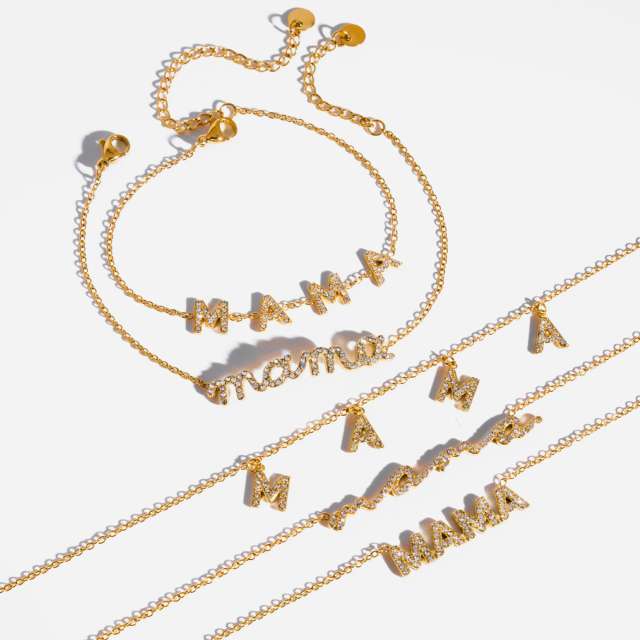 Mother's day gift diamond mama letter stainless steel necklace bracelet set