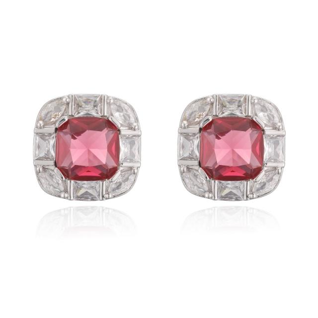 18KG square shape cubic zircon gold plated copper studs earrings
