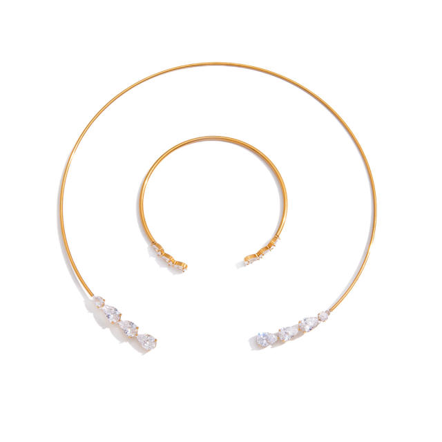 18KG drop cubic zircon diamond choker bracelet set stainless steel necklace set