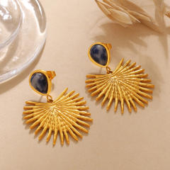 Vintage natural stone inlaid fan shape stainless steel earrings