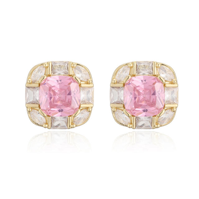 18KG square shape cubic zircon gold plated copper studs earrings