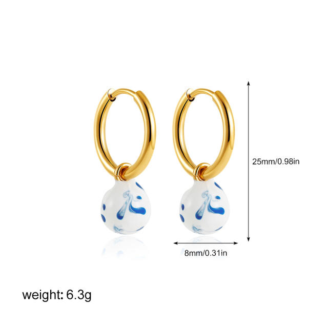 18K gold blue white porcelain earrings new Chinese oil enamel ceramic earrings Chinese style jewelry