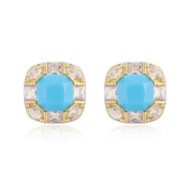 18KG square shape cubic zircon gold plated copper studs earrings