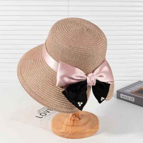 Summer satin bow straw hat sun hat beach hat