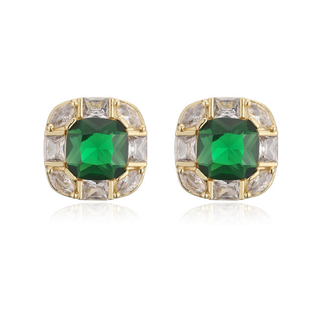 18KG square shape cubic zircon gold plated copper studs earrings