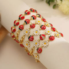 Spring summer color enamel ladybug flower copper bracelet