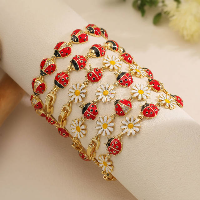 Spring summer color enamel ladybug flower copper bracelet