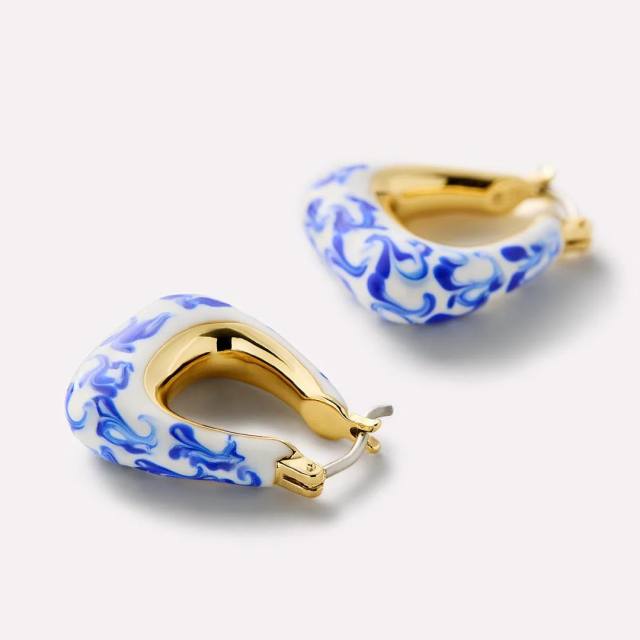 18K gold blue white porcelain earrings new Chinese oil enamel ceramic earrings Chinese style jewelry