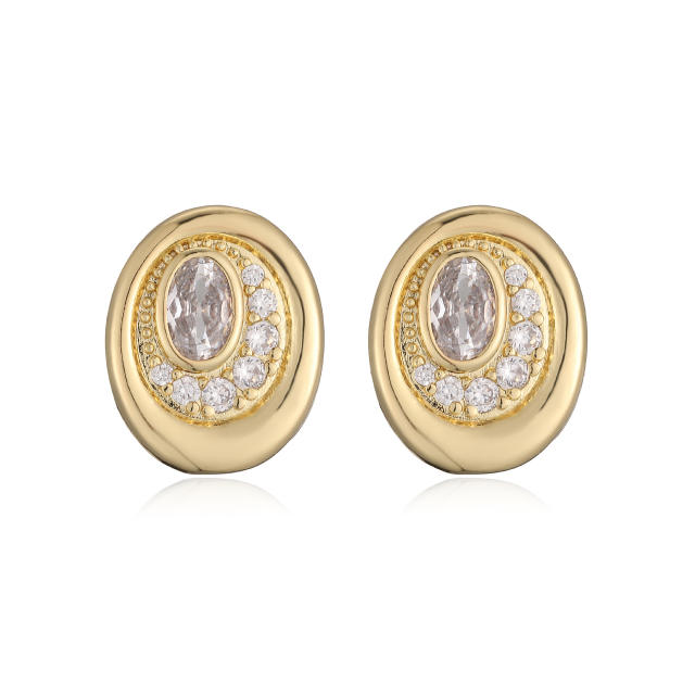 Elegant easy match oval shape gold plated copper diamond ear studs earrings