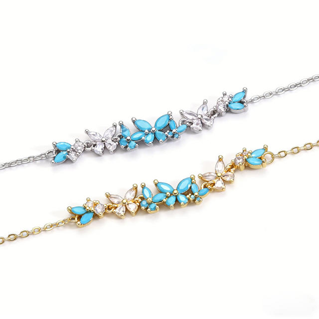 Delicate cubic zircon turquoise stone butterfly copper bracelet for women