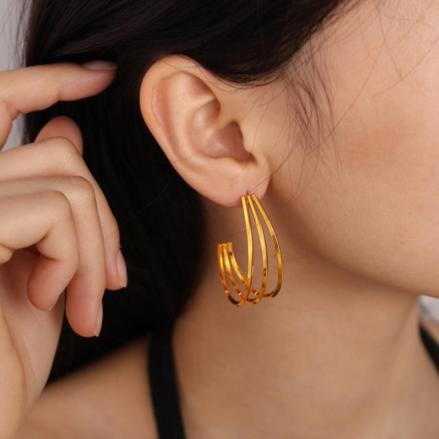 18KG simple three layer line big hoop stainless steel earrings