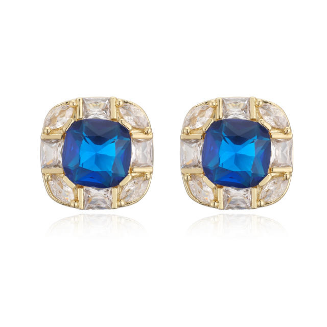 18KG square shape cubic zircon gold plated copper studs earrings