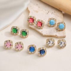 18KG square shape cubic zircon gold plated copper studs earrings
