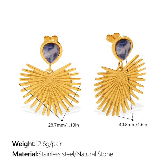 Vintage natural stone inlaid fan shape stainless steel earrings