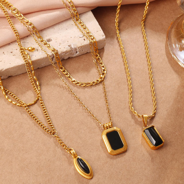 Hiphop Black agate inlaid pendant stainless steel necklace layer necklace