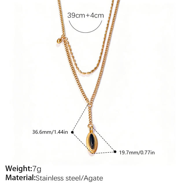 Hiphop Black agate inlaid pendant stainless steel necklace layer necklace