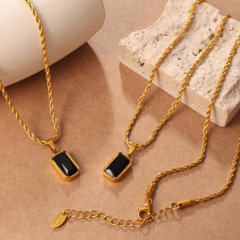 Hiphop Black agate inlaid pendant stainless steel necklace layer necklace