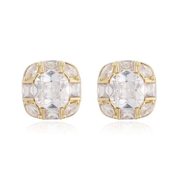 18KG square shape cubic zircon gold plated copper studs earrings