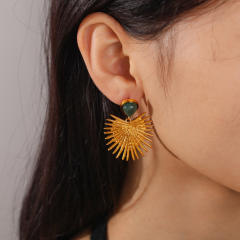 Vintage natural stone inlaid fan shape stainless steel earrings