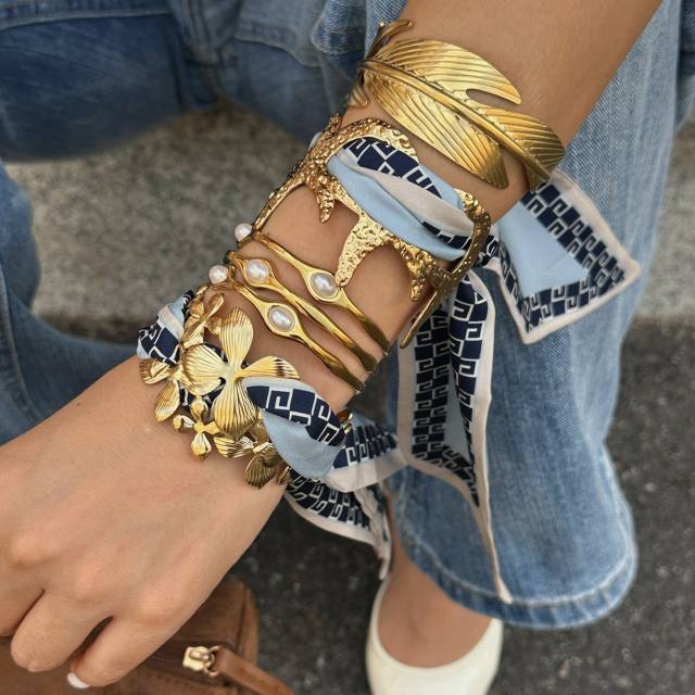 Summer gold color starfish pearl bead scarf bangle bracelet stainless steel bangle