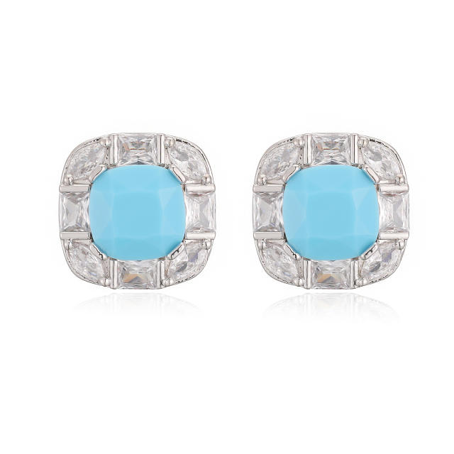 18KG square shape cubic zircon gold plated copper studs earrings