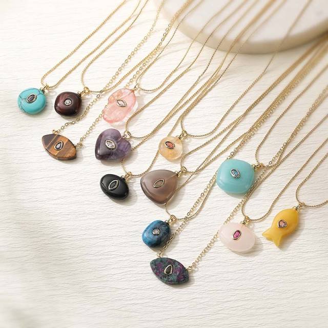 Vintage natural stone pendant gold plated copper necklace