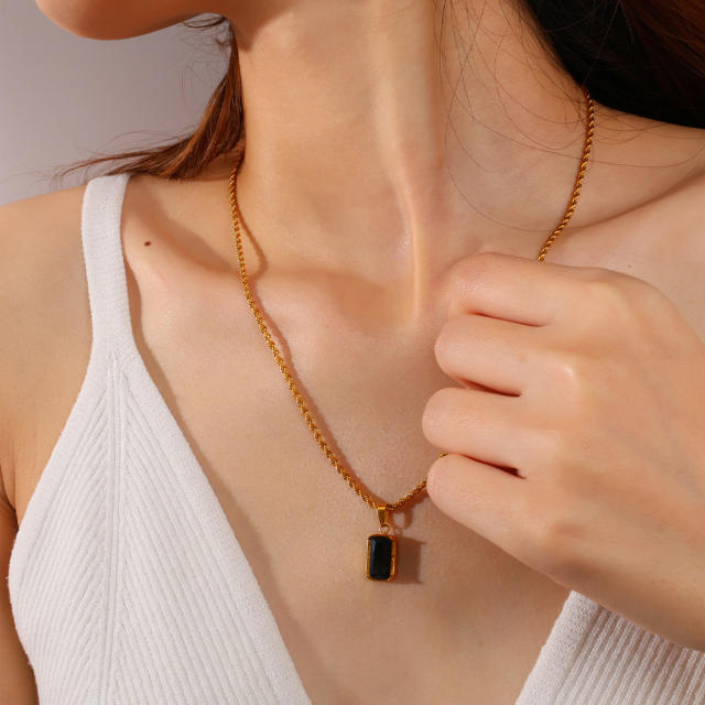Hiphop Black agate inlaid pendant stainless steel necklace layer necklace