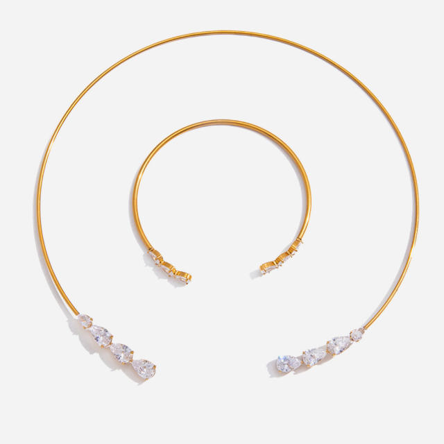 18KG drop cubic zircon diamond choker bracelet set stainless steel necklace set
