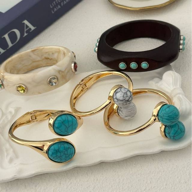 Boho turquoise stone inlaid alloy bangle bracelet