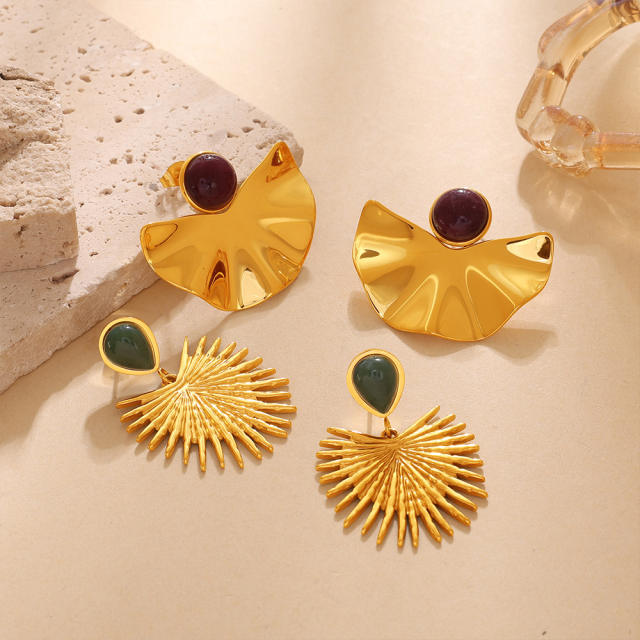 Vintage natural stone inlaid fan shape stainless steel earrings