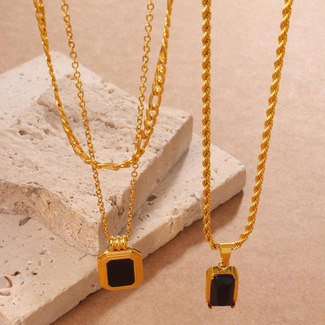 Hiphop Black agate inlaid pendant stainless steel necklace layer necklace