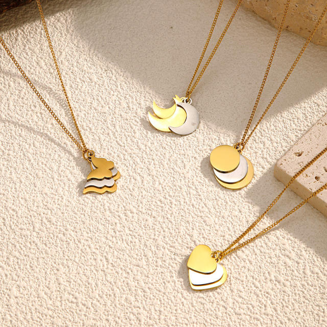 French trend mix color layer moon star engrave pendant stainless steel necklace