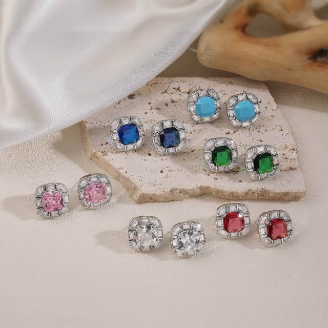 18KG square shape cubic zircon gold plated copper studs earrings
