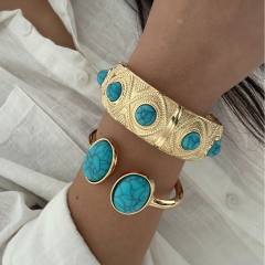 Personality vintage boho turquoise stone inlaid alloy bangle bracelet