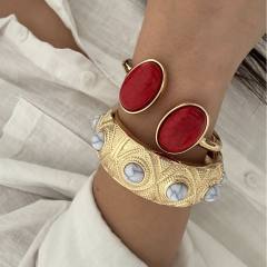 Personality vintage boho turquoise stone inlaid alloy bangle bracelet