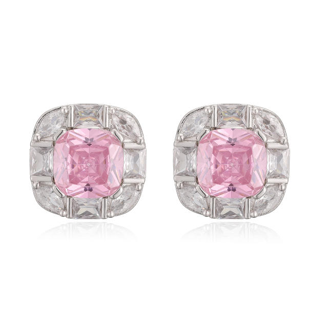 18KG square shape cubic zircon gold plated copper studs earrings
