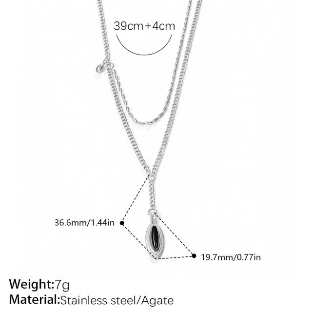 Hiphop Black agate inlaid pendant stainless steel necklace layer necklace