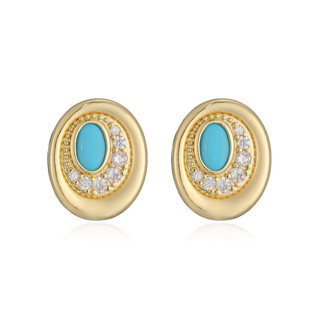 Elegant easy match oval shape gold plated copper diamond ear studs earrings