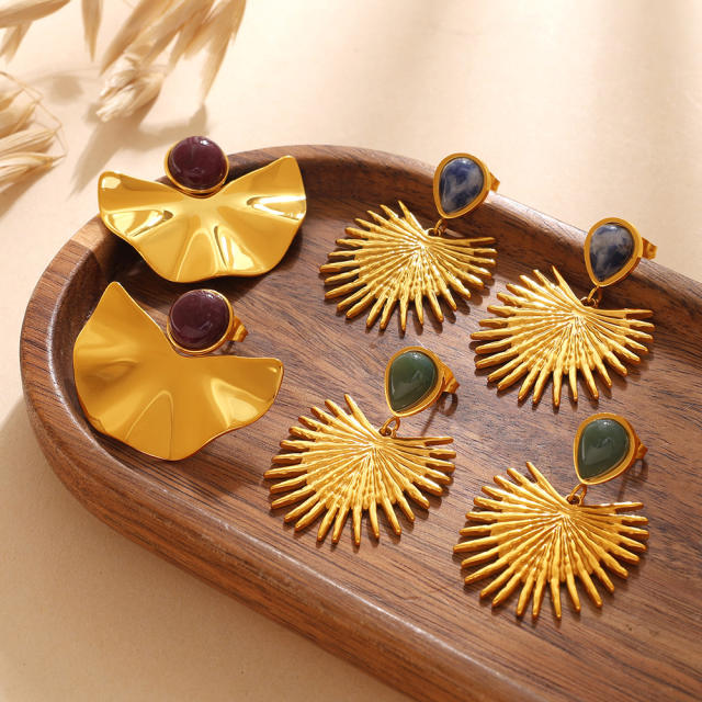 Vintage natural stone inlaid fan shape stainless steel earrings