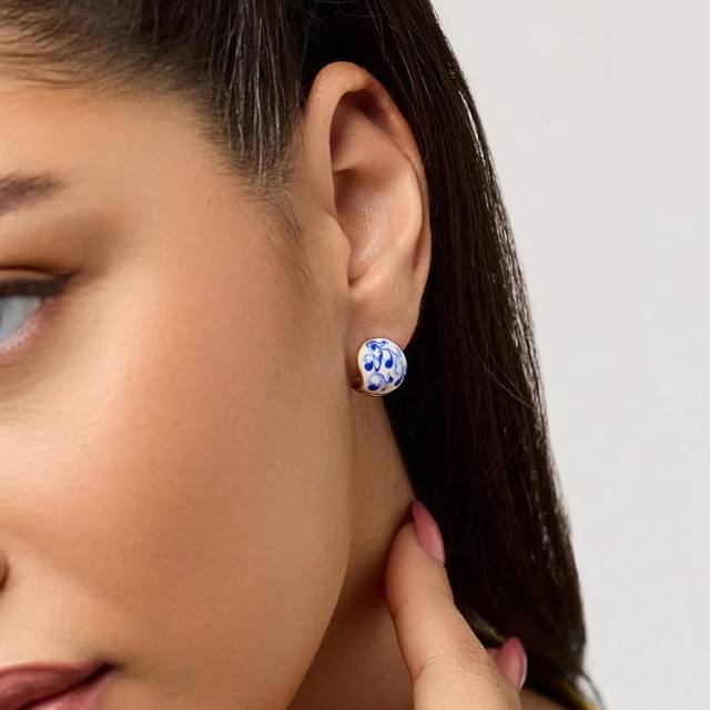 18K gold blue white porcelain earrings new Chinese oil enamel ceramic earrings Chinese style jewelry